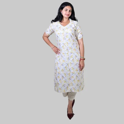 white with yellow half collar kurti